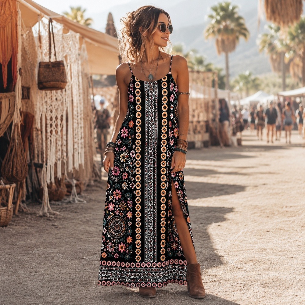 1.STATE Boho Floral Shift Dress M Black Rayon Festival Resort Sundress Maxi Vaca